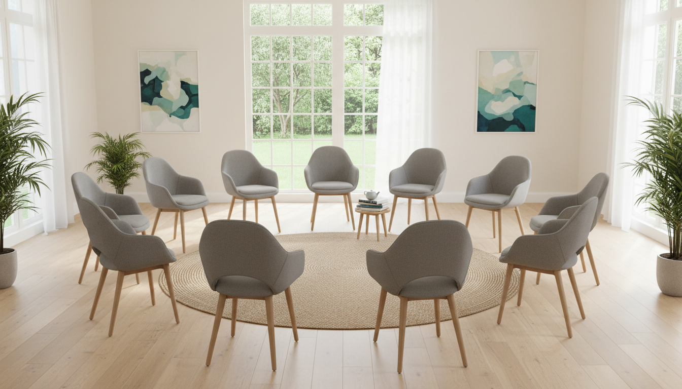 neun stühle im kreis in einem praxisraum