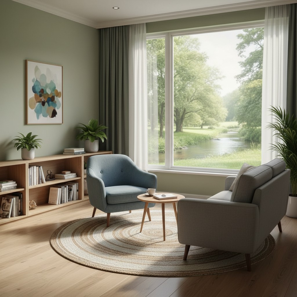 A serene room with a couch, chair, coffee table, bookcase, rug, and a window overlooking a lush green field with trees and...