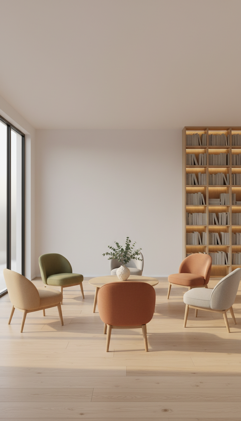 A serene group therapy setting with a circle of six contemporary, upholstered chairs in muted earth tones arranged evenly on a light wooden floor. At the center sits a low, natural wood table with a simple ceramic vase holding a small arrangement of eucalyptus sprigs. The background features a clean, off-white wall and a tall bookshelf filled with neatly organized therapy books and soft accent lighting. The morning light spills through a nearby window, casting gentle golden highlights and subtle, diffused shadows. Captured with a slightly elevated angle and even sharpness throughout, the composition reflects harmony, community, and support in a modern, clean aesthetic.
