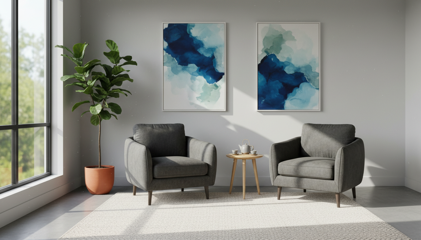A tranquil therapy room featuring a minimalist arrangement of two soft, slate-grey armchairs facing each other with a subtly textured, pale beige rug beneath them. The walls are adorned with gentle, abstract art in cool, calming tones of blue and sage. Positioned near a large window, the space is bathed in soft natural daylight, creating faint shadows and subtle highlights on the furnishings. A leafy green plant rests in one corner, adding a touch of organic tranquility. Photographed from an eye-level perspective with sharp, clean focus, the image radiates a sense of calm, safety, and professionalism. The overall style is modern, uncluttered, and inviting, ideal for a psychotherapeutic practice emphasizing trust and openness.
