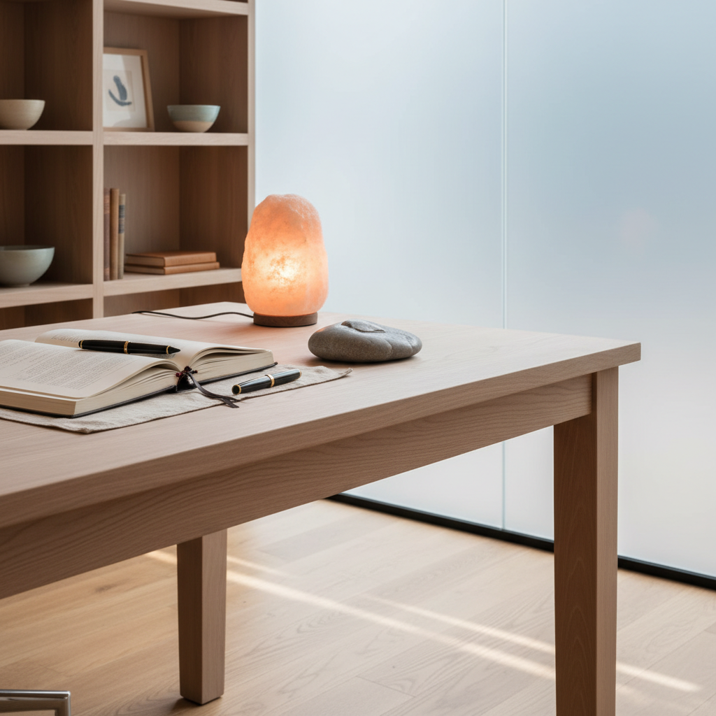 A neatly organized therapist's desk featuring a handcrafted, pale ash wood surface with an open, linen-bound journal, a softly glowing salt lamp, and a sculptural stone paperweight. Positioned by a frosted glass partition, the area is illuminated by cool, diffused daylight, creating gentle, translucent reflections and soft shadows. In the background, integrated open shelving houses tasteful objects like ceramic bowls and minimalist artwork. Photographed from a low side angle with a focus on texture and detail, the mood is focused, serene, and contemplative, perfectly echoing the attentiveness and professionalism of a quality psychotherapy practice.